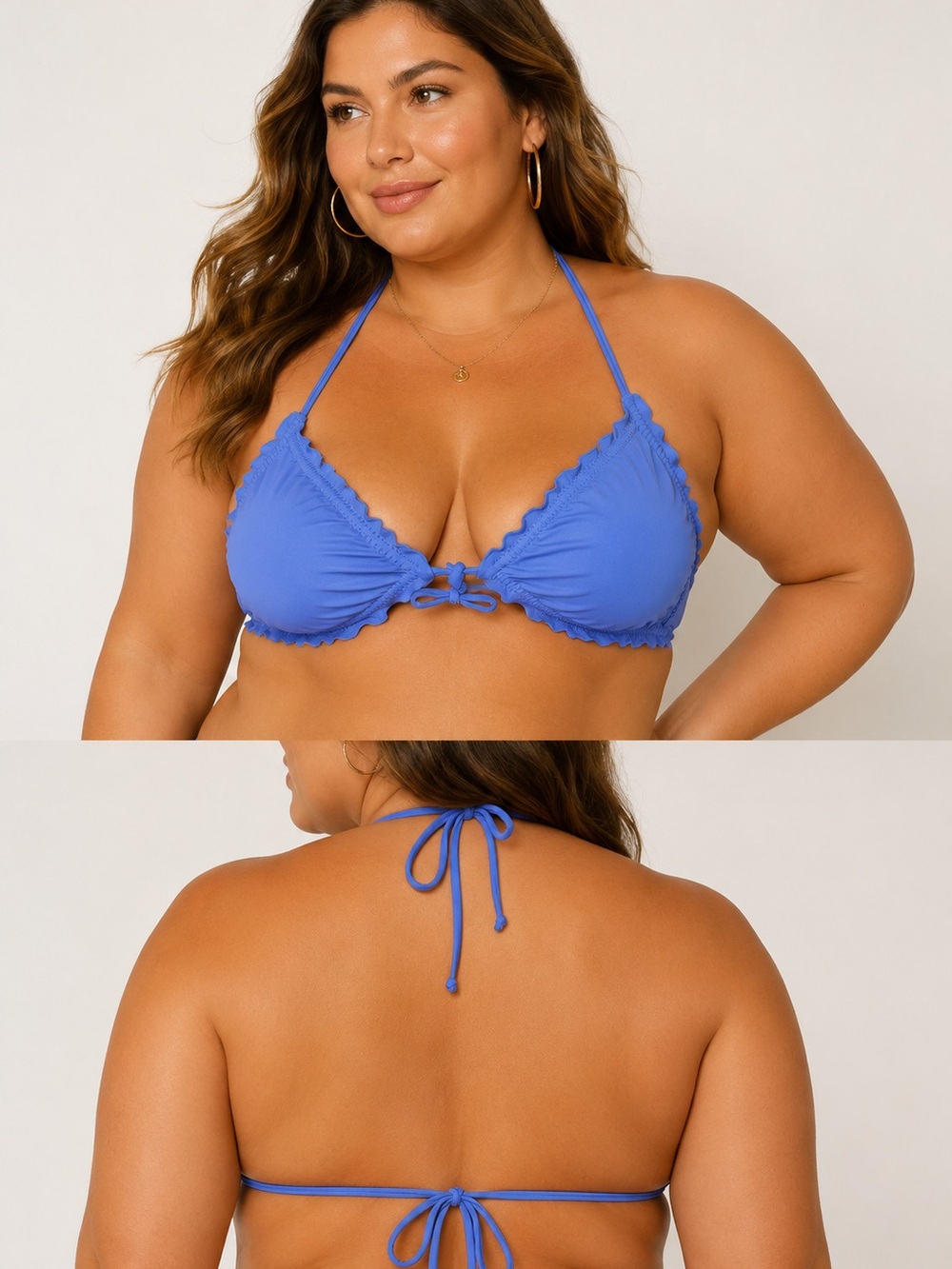 Luli Fama XL Royal Blue Bikini Top Ruffle Ruched Tie Front Halter Swimwear Luxe